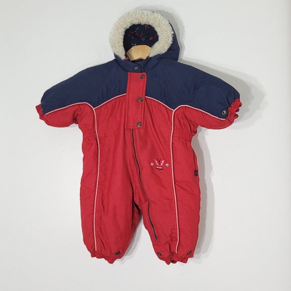 Mini Ungava Baby Toddler Hooded Snow Suit Red Blue Zippered Faux Fur Trim 12Mon - Picture 1 of 14